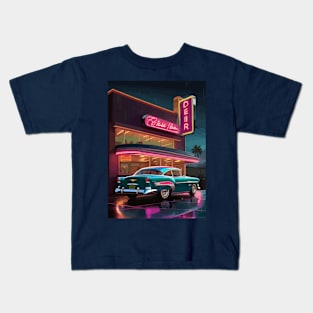 Vintage car night gas station Kids T-Shirt